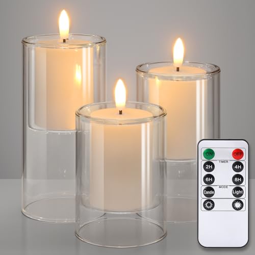 NURADA Flameless Candles with Remote Timer - Glass Real Wax 3D Wick LED Pillar Votive Candle Set Battery Operated Flickeri...
