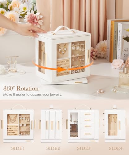 Homde Jewelry Box 360° Rotating, Necklace Earring Organizer with Transparent Window, Mirror, 7 Drawers, Large Ring Display...