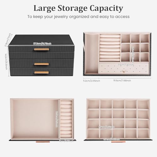 Dajasan Jewelry Box Organizer, 3-Tier Jewelry Storage with 2 Drawers, Large Jewelry Boxes for Women, PU Leather Surface wi...