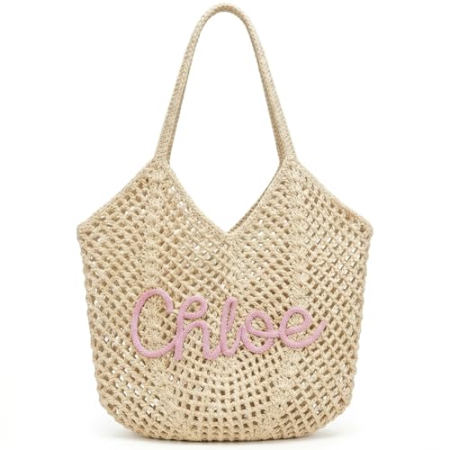 OHWIPI Personalized Crochet Beach Bag for Women, Custom Name Woven Tote Bag, Hand Embroidered Text, Lightweight Summer Bea...