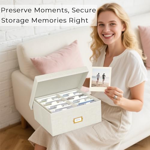 Decorative Photo Storage Box - Linen Photo Box Organizer with Dividers, Fits Holds Up to 1700 Pictures and 4x6 Photos, Mem...