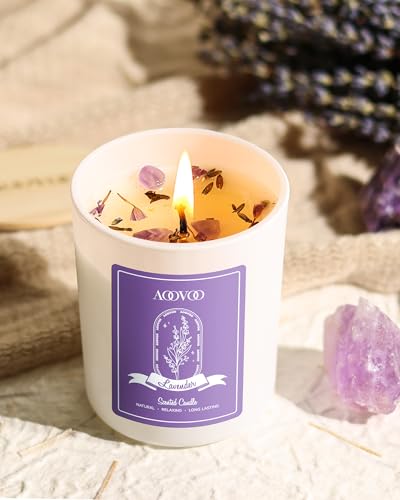 AOOVOO Lavender Scented Candle Set 2 Pack - Aromatherapy Candle with Crystals Inside, 14oz Soy Candles for Home Scented, B...