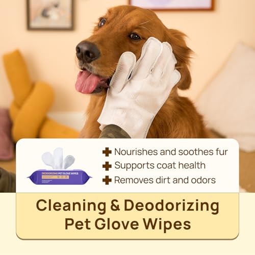 HICC PET Cleaning Deodorizing Glove Wipes for Dogs & Cats, Vet Recommended Hypoallergenic Hydrating & Nourish Fur Pet Groo...