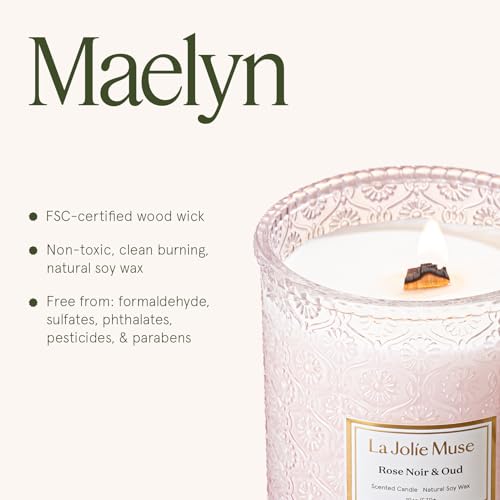LA JOLIE MUSE Rose Noir & Oud Scented Candle – Lemon, Rose & Oud |19 oz Large Wooden Wick Candle | Natural Soy Wax | 90 Ho...