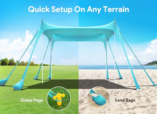 Osoeri Beach Tent, Camping Sun Shelter UPF50+ with 8 Sandbags, Sand Shovels, Ground Pegs & Stability Poles, Outdoor Shade ...