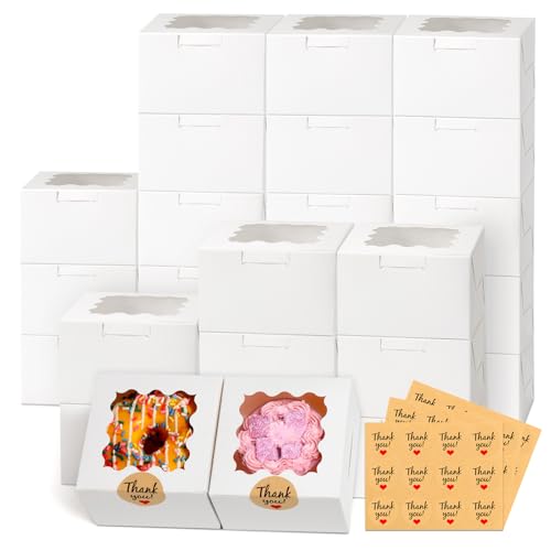 ZYFOTZUN 26pcs White Cookie Boxes with Window, 4x4x2.5 Inches Small Bakery Boxes with 36pcs Stickers, for Mini Cake Cookie...