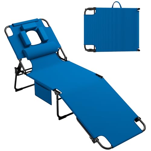 Candockway 400lbs Tanning Chair, 5-Fold Beach Lounge Chair with Face Hole & 2 Side Pockets, Non-Slip Foot & Portable Handl...