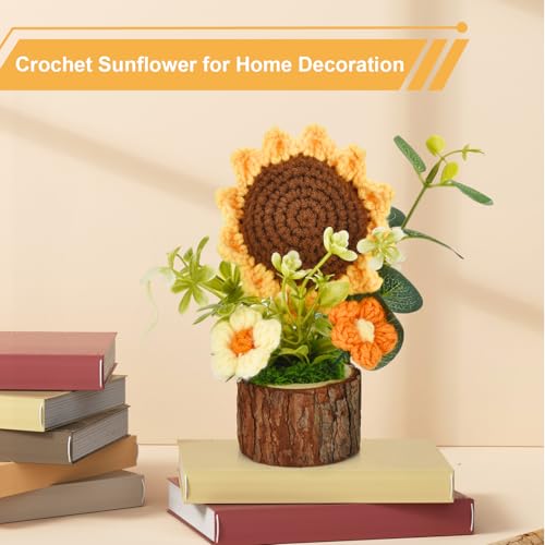 Andvon Cute Crochet Flowers Bouquet, Handmade Knitted Sunflowers with Wooden Pot, Crocheted Flower Plants Gifts for Women ...