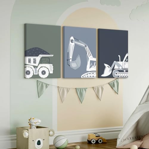 Construction Truck Wall Art Decor Toddler Boys Room Canvas Wall Art Tractor Vehicle Posters Dump Truck Wall Art Kids Bulld...
