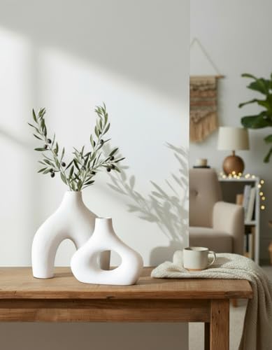 Carrot's Den Donut Vase, Set of 2 - White Large Ceramic Vase - Minimalist Nordic, Hollow | Table Centerpiece, Olive Plant,...
