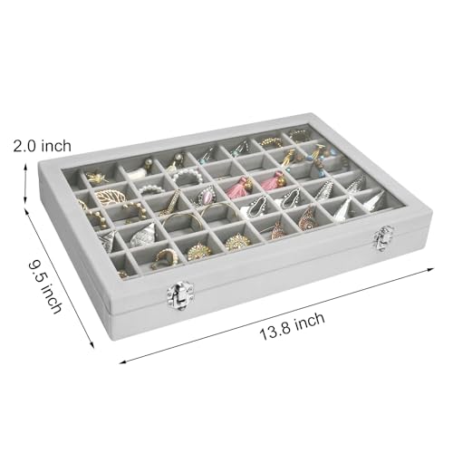 Siveit Velvet Jewelry Tray 48 Grid Jewelry Display Tray Organizer Box with Transparent Lid Rings Earrings Necklaces Pendan...