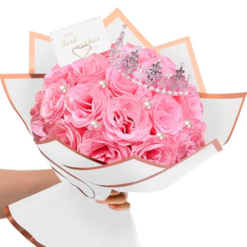 TLY Glitter Roses Bouquet,24 Pcs Pink Flower Bouquet,Birthday Gifts for Women,DIY Artificial Flowers for Mom Grandma Wife ...