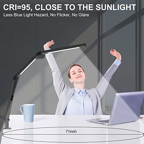 LED Desk Lamp with Clamp, Architect Desk Lamp with Dual Light and Adjustable Swing Arm, Clip-on Eye-Care 4 CCT Modes & 5 B...