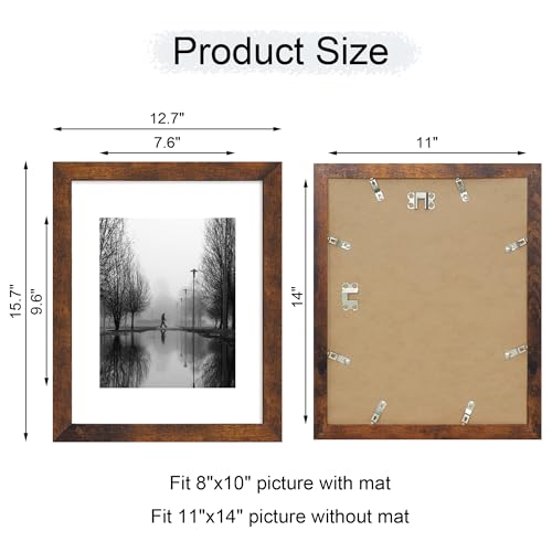 iRahmen 11x14 Picture Frame Set of 4 with Tempered Glass, Rustic Frame Display 8x10 Pictures with Mat or 11 x 14 Without M...