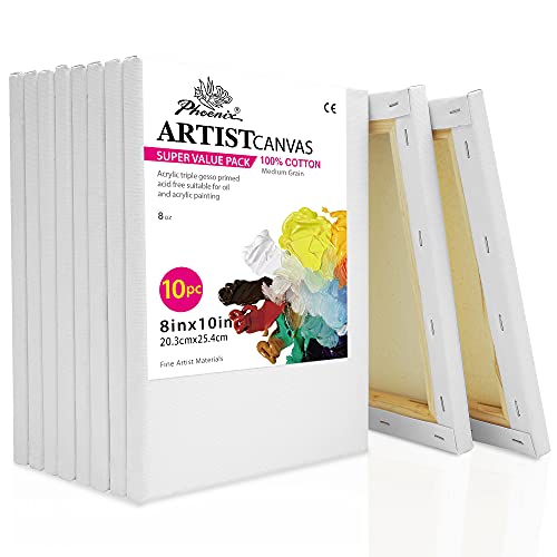 PHOENIX Stretched Canvas for Painting 8x10 Inch/10 Value Pack, 8 Oz Triple Primed 5/8 Inch Profile 100% Cotton White Blank...