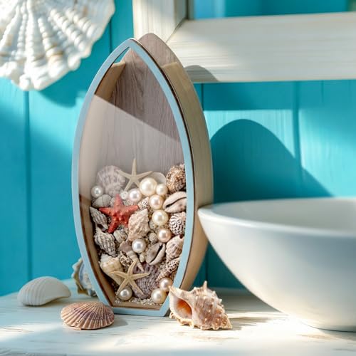 Novabright Coastal Decor Display Box Wooden Surfboard Holder with Clear Window Shell Box Shark Teeth Collection for Seashe...