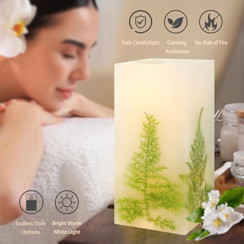 Holitown LED Flickering Flameless Real Wax Ivory Square Pillar Candle Artificial Asparagus Fern Battery Operated with Time...