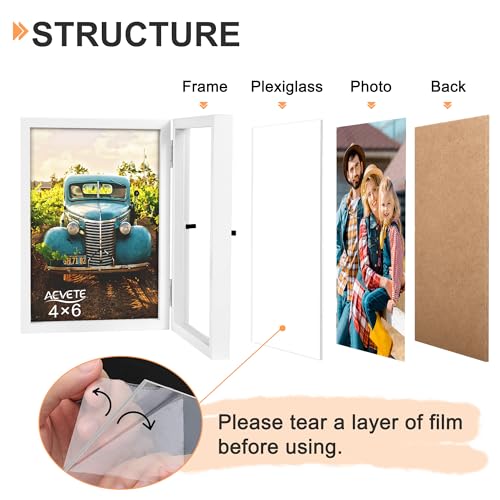 AEVETE 4x6 Picture Frames Double Hinged Wood Folding Photo Frames Vertical with Plexiglass Front, White