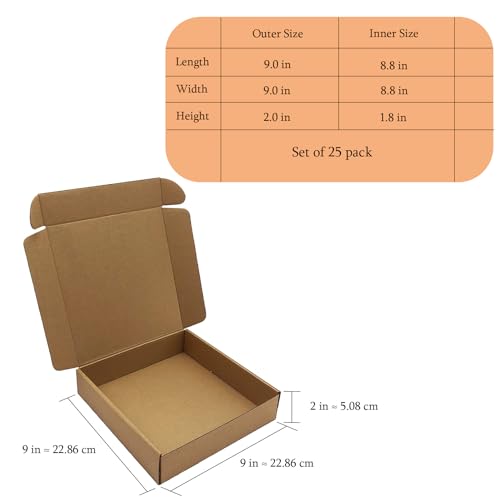 9x9x2 Inches Shipping Boxes Set of 25, Brown Corrugated Mailing Cardboard Box Literature Mailer for Packing Small Business...