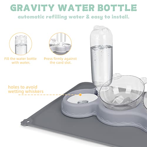 Triple Cat Bowls for Food and Water, YECERCAN Plastic Raised Cat Bowls with Automatic Water Bottle & Waterproof Mat for Ca...