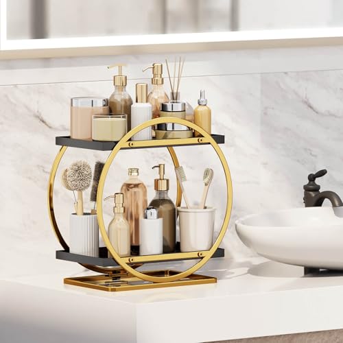 YIWANFW Makeup Organizer for Vanity, Black Gold Perfume Organizer for Dresser, 2-Tier Bathroom Countertop Organizers, Bath...