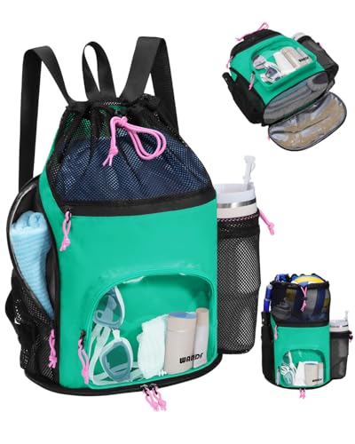 WANDF Swim Bag with Wet Pockets, Sandproof Beach Backpack with 40oz Tumbler Side Pockets, Mesh Drawstring Backpack Swim Ba...