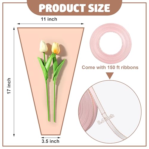 50PCS Flower Wrapping Bags for Bouquets 17 x 11in Pink Floral Bouquet Packing Sleeves with Ribbon Plastic Flower Bouquet S...