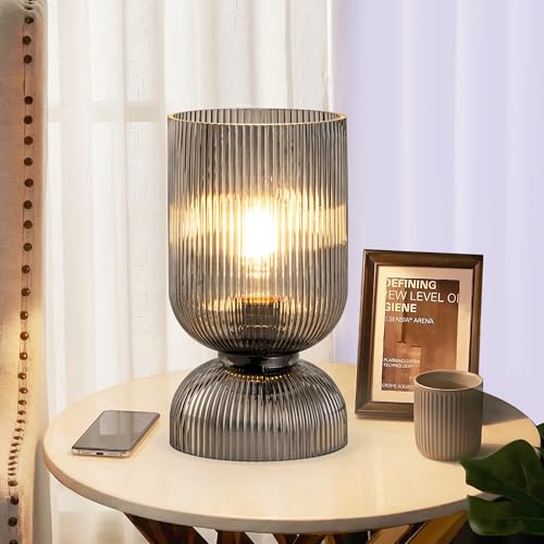 Gmrhndy Modern Table Lamp,Glass Mid Century Lamp with Smoky Gray Glass Shade, Bedside Lamp with On/Off Switch, Minimalist ...