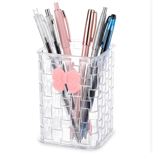 Hecila Makeup Brush Holder Pen Holder for Desk Acrylic Makeup Brush Holderswith Woven Texture Pencil Organizer with Bow El...