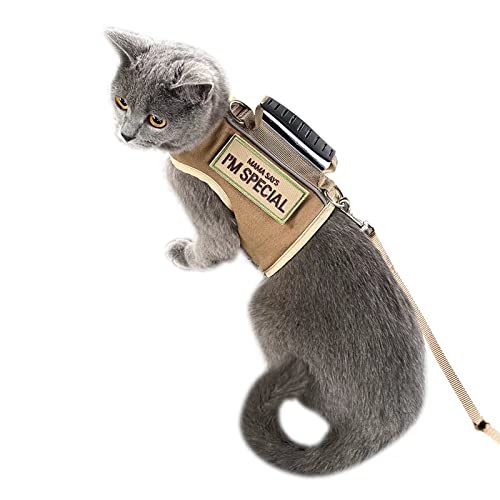 Tactical Cat Harness and Leash for Walking Escape Proof, Adjustable Cat Walking Jackets, Padded Stylish Cat Vest, Khaki, L...