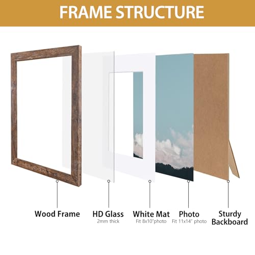 Califortree Rustic Brown 11x14 Picture Frame - Display Photos 8x10 with Mat or 11x14 Without Mat - Real Glass Inside - Set...