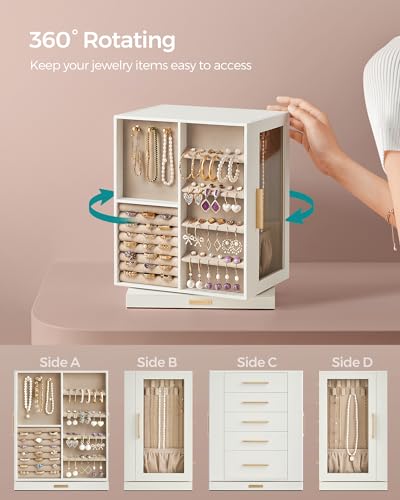 SONGMICS Jewelry Box 360° Rotating, Jewelry Storage Case with 5 Drawers, Jewelry Organizer, Glass Window, Spacious, Vertic...