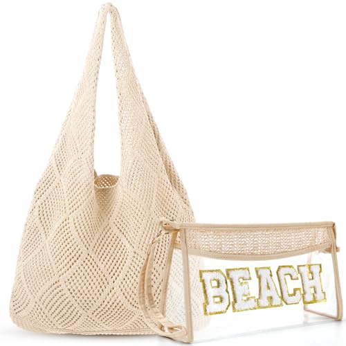 Aliceset 2 Pack Crochet Mesh Beach Tote Bag with Letter Patch Pocket Summer Beach Tote Bohemian Straw Transparent Bag