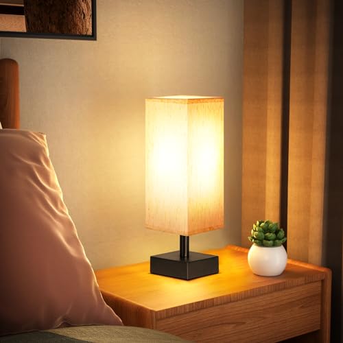 Small Table Lamp for Bedroom - Bedside Lamps for Nightstand, Minimalist Night Stand Light Lamp with Square Fabric Shade, D...