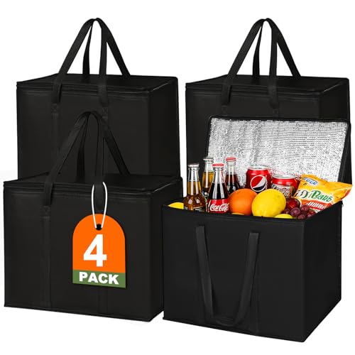 JNYONG 4 Pack Insulated Reusable Grocery Shopping Bags with zippered top,Food Delivery Bag,Collapsible Cooler Bag for Froz...