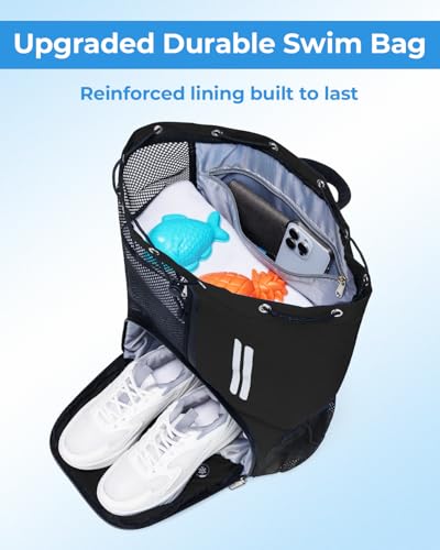 ecosmile Swim Bag Mesh Drawstring Backpack with Shoe Compartment & Wet Pocket Waterproof Beach Backpack Pool Bag for Swimm...
