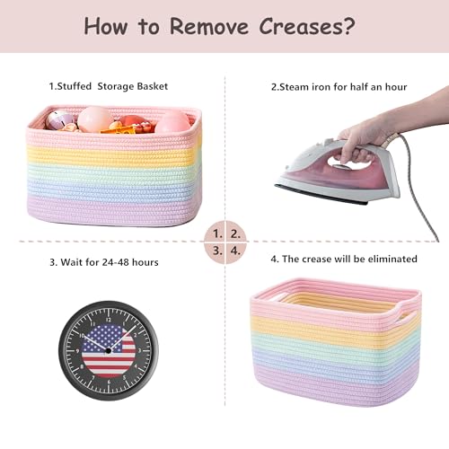 ENAORGAN Set of 4 Rainbow Rope Basket for Shelves Woven Rectangle Storage Basket Bins for Nursery Toy Storage for Baby Girl