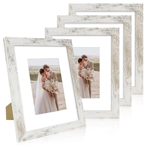 Hongkee 8x10 Picture Frame Set of 4, Made of Real Glass and Distressed White Wooden Frame, 8 by 10 Photo for Wall or Table...