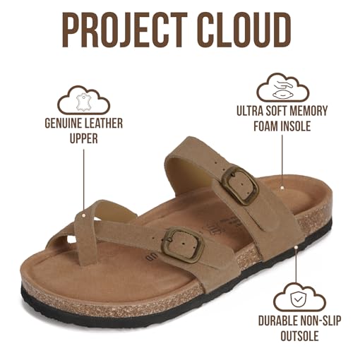 Project Cloud 100% Genuine Leather Womens Sandals -Lightweight Womens Slides Memory Foam Insole & Cork Footbed Sandals Wom...