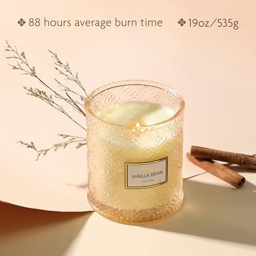 Vanilla Bean Candle, Large Decorative Glass Candle 19oz, Luxury Soy Wax Scented Candle Gift for Women, Home Fragrance for ...