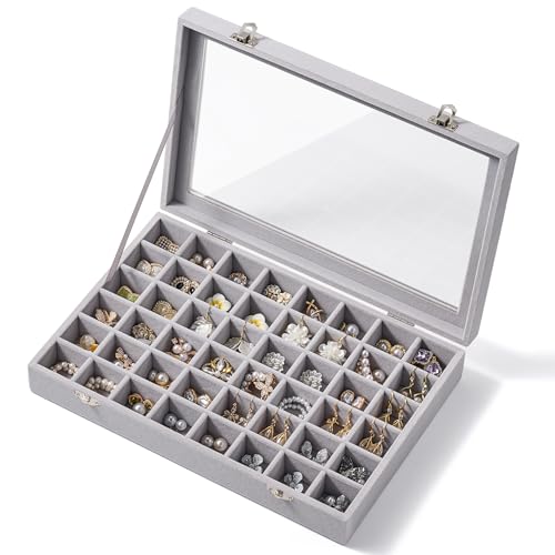 48 Grid Earring Organizer and Storage: Velvet Jewelry Tray with Lid, Jewelry Box for Studs, Earrings, Rings, Necklaces, Dr...