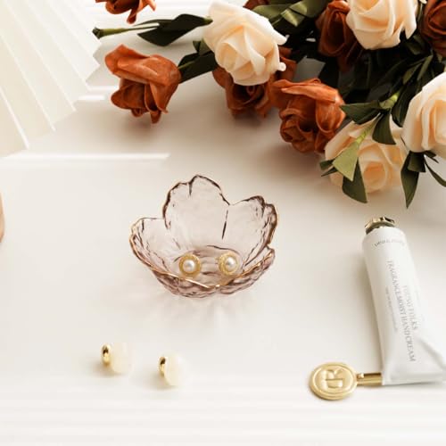 GISK Pink Flower Jewelry Ring Dish Tray,Decorative Glass Trinket Dish,Room Decor Aesthetic, Modern Accent Tray for Vanity(...