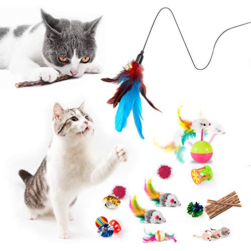 MIBOTE 28Pcs Cat Toys Kitten Toys Assorted, Cat Tunnel Catnip Fish Feather Teaser Wand Fish Fluffy Mouse Mice Balls and Be...