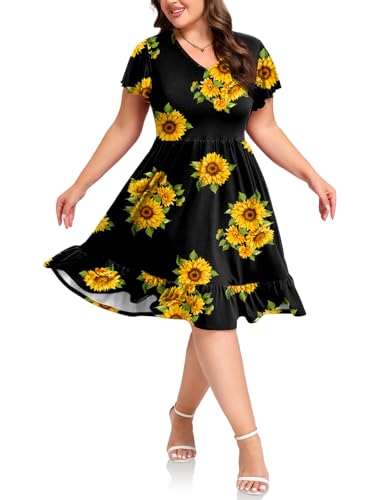 Women's Plus Size Casual Dress V Neck Ruffle Floral Short Sleeve Summer Midi Dresses with Pockets