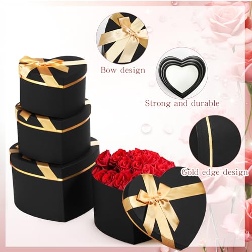 Resurhang Black 4 Pcs Valentines Heart Shaped Gift Box with Lid for Flower Arrangement Large Present Gift Box for Valentin...