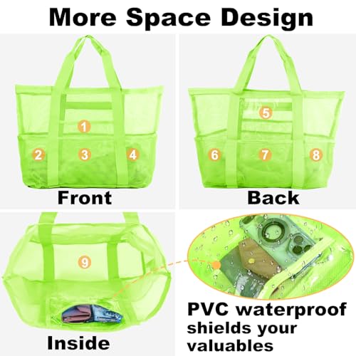 CaCTOUR Mesh Beach Bag,Large Beach Bags for Women with 8 Pockets,Packable Tote Bag for Beach Cruise Pool Vacation Essentials