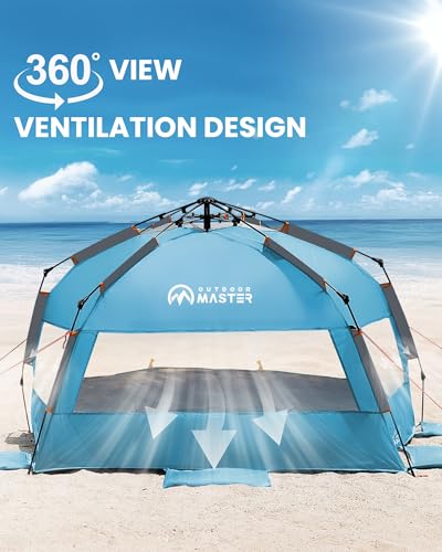 OutdoorMaster Beach Tent Sun Shelter for 3-4 Person, Pop Up Beach Tent Easy Setup with Sandbags, Portable Sun Shade Canopy...