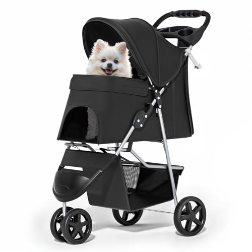MoNiBloom Foldable Pet Stroller with Weather Cover, 3 Wheels Pet Strolling Cart for Small/Medium Dogs and Cats with Storag...