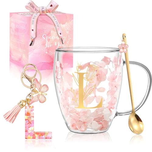 Personalized Gifts for Women Flower Double Wall Cute Novelty Monogrammed Glass Coffee Mug Tea Cup with Spoon Customized We...