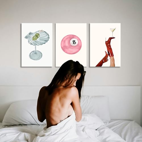 Framed Funky Martini Posters Wall Art Set of 3, Vintage Preppy Aesthetic Canvas Prints, Trendy Pink Number 8 Y2K Girl Room...